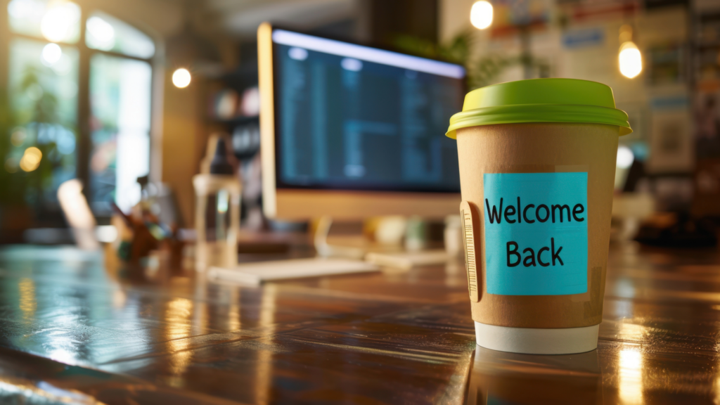 Adobe Stock - a coffee cup on a desk with a note that says, 'Welcome Back'